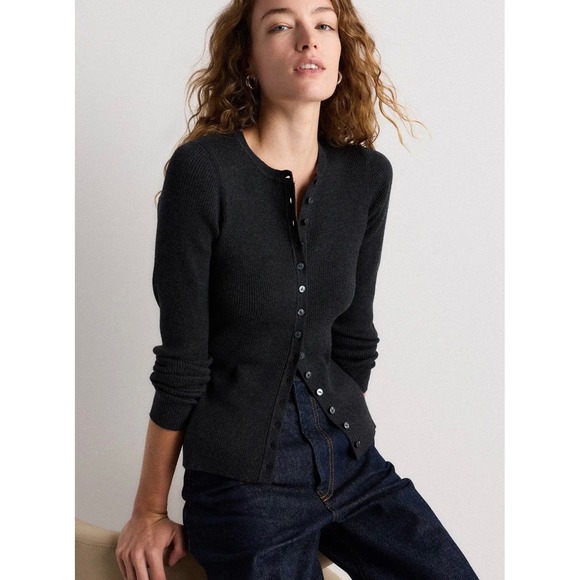 Quince Sweaters - Quince Organic Cotton Cashmere Ribbed Cardigan Sweater Charcoal Gray Small